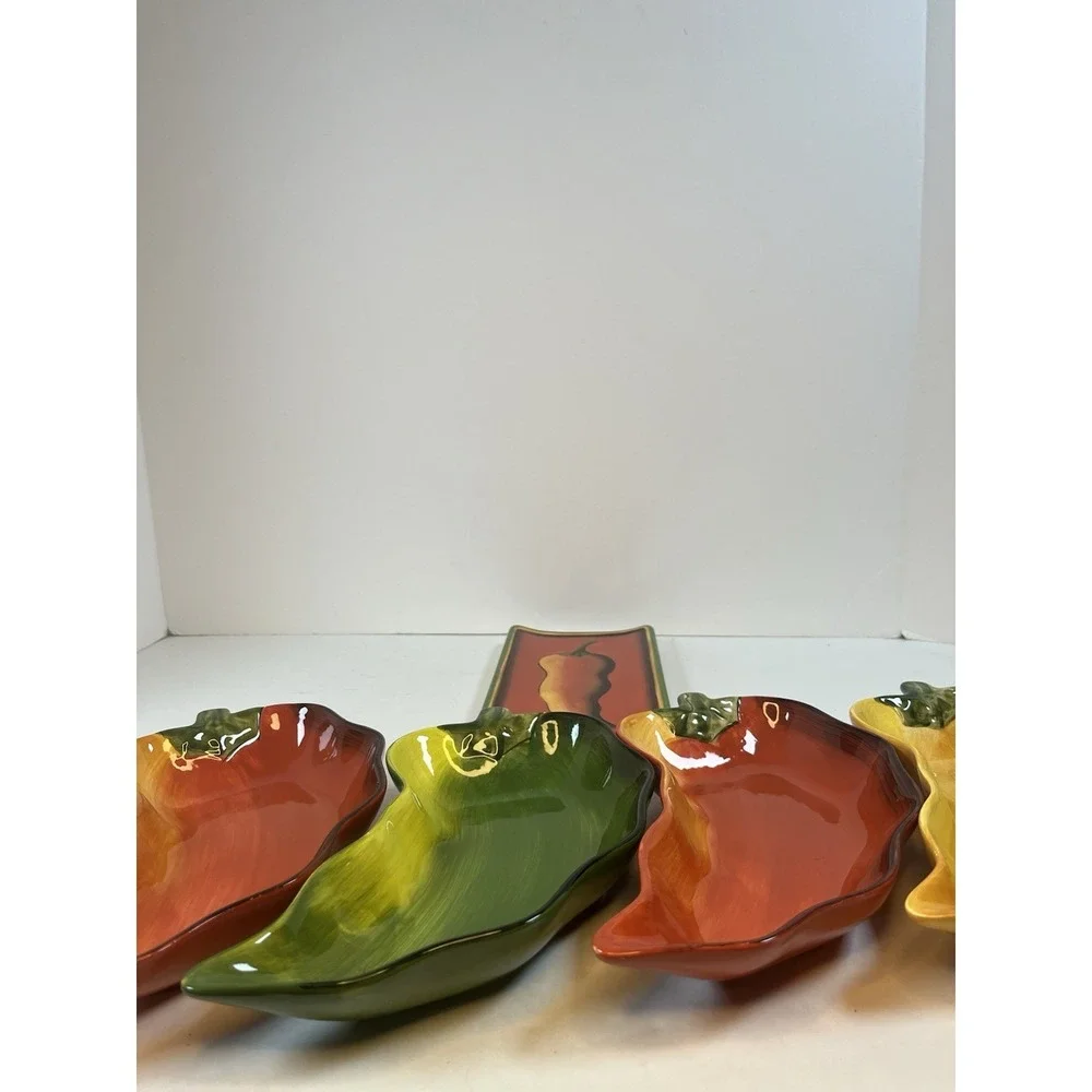 Clay Art Chili Fiesta Chili Pepper Serving Dipping Dishes Hand‎ Painted Set Of 5